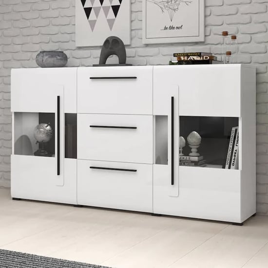 Trail High Gloss Sideboard 2 Doors 3 Drawers In White With LED