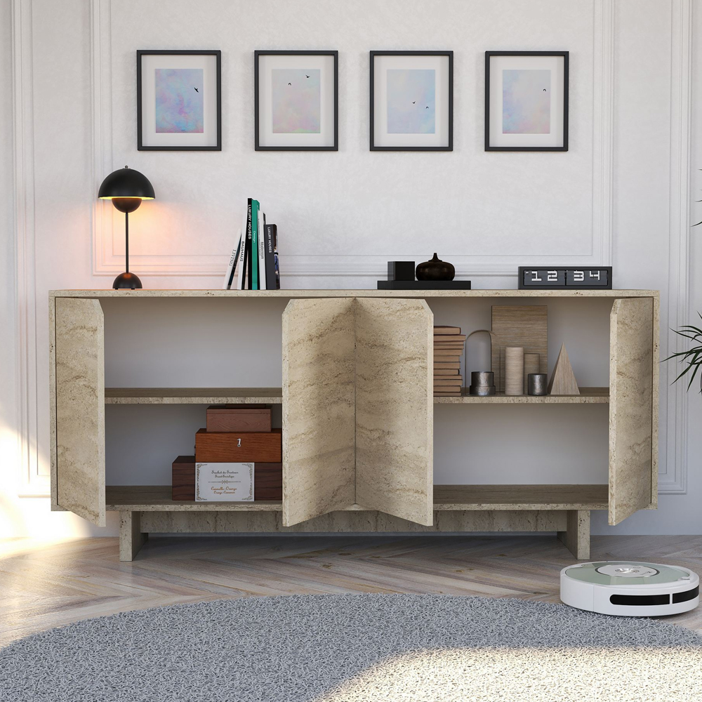 Turan Wooden Sideboard with 4 Doors in Travertine Marble Effect