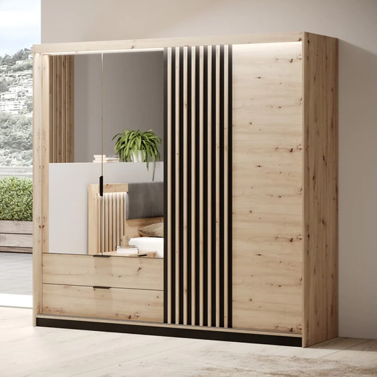 Read more about Turin mirrored wardrobe 4 doors 2 drawers in artisan oak with led
