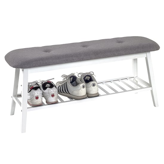 Photo of Turlock wooden shoe storage bench in white with grey seat