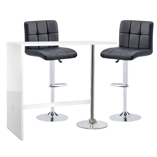 Product photograph of Tuscon Bar Table In White Gloss With 2 Coco Black Bar Stools from Furniture in Fashion