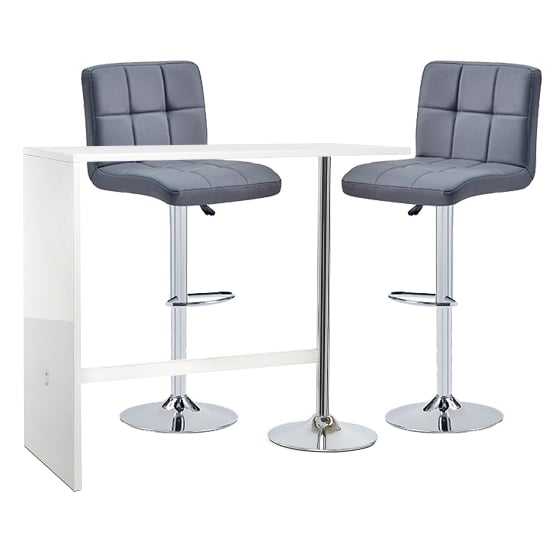 Read more about Tuscon bar table in white gloss with 2 coco grey bar stools