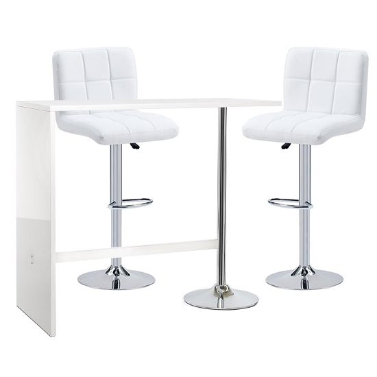 Tuscon Bar Table In White Gloss With 2 Coco White Bar Stools