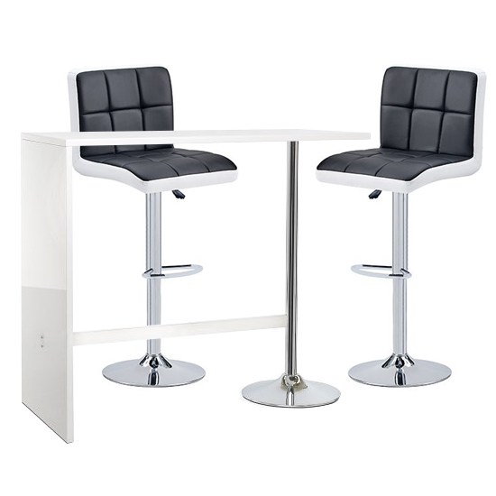 Read more about Tuscon bar table in white gloss 2 copez black white bar stools