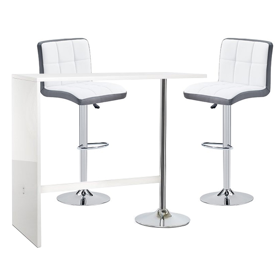 Photo of Tuscon bar table in white gloss 2 copez white grey bar stools