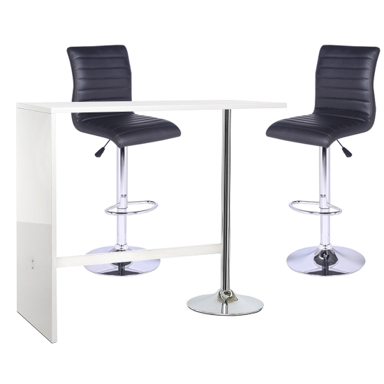 Photo of Tuscon bar table in white gloss with 2 ripple black bar stools