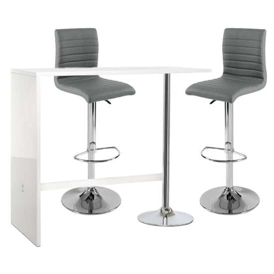 Product photograph of Tuscon Bar Table In White Gloss With 2 Ripple Grey Bar Stools from Furniture in Fashion