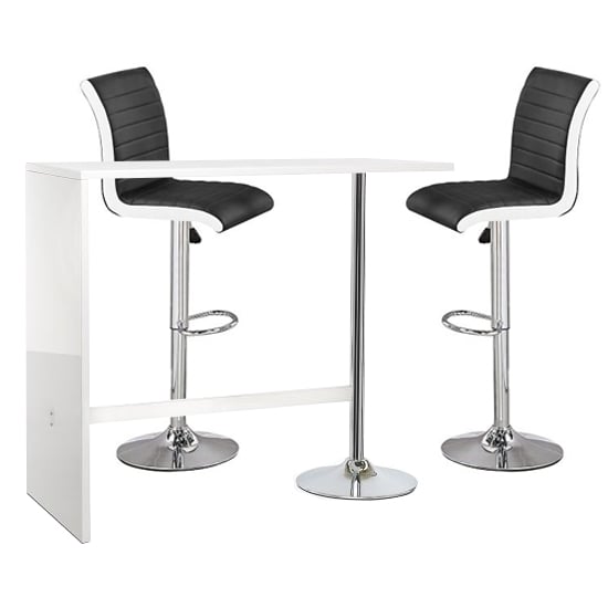 Product photograph of Tuscon White Gloss Bar Table 2 Ritz Black And White Bar Stools from Furniture in Fashion