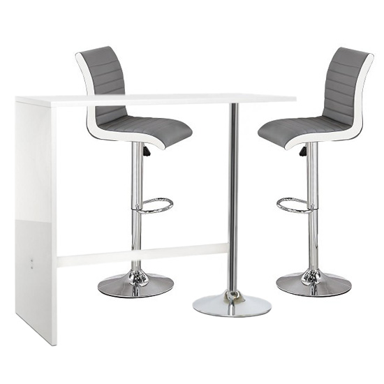 Product photograph of Tuscon White Gloss Bar Table 2 Ritz Grey And White Bar Stools from Furniture in Fashion