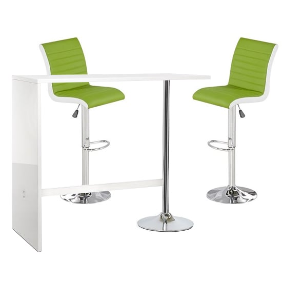 Photo of Tuscon white gloss bar table 2 ritz lime and white bar stools