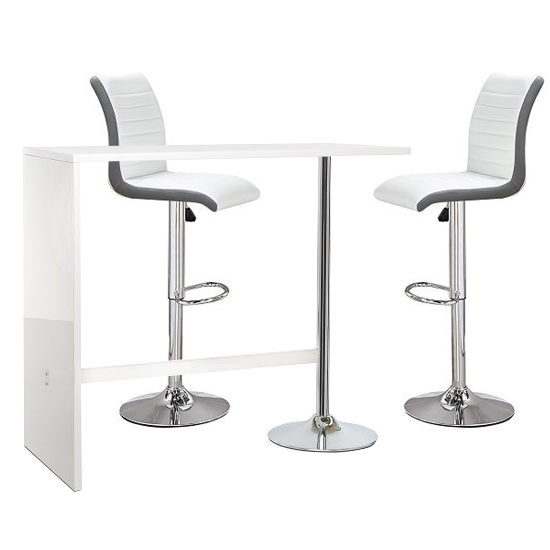 Product photograph of Tuscon White Gloss Bar Table 2 Ritz White And Grey Bar Stools from Furniture in Fashion