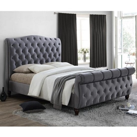 Read more about Tuxford super king size bed in grey velvet with dark wood feet