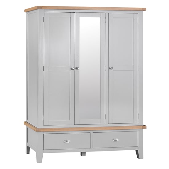Tyler Mirrored Wooden 3 Doors And 2 Drawers Wardrobe In Grey