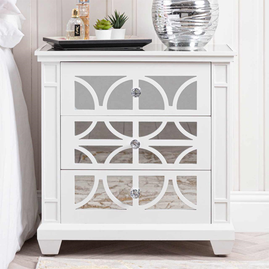 Product photograph of Tyler Mirrored Bedside Cabinet With 3 Drawers In Washed White from Furniture in Fashion