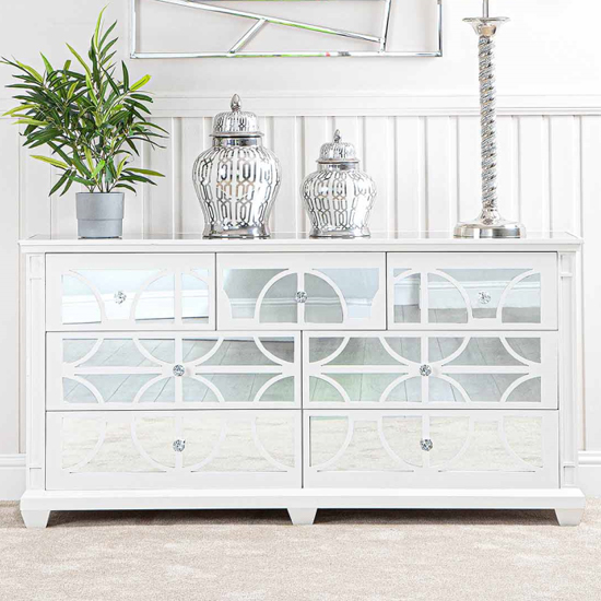 Product photograph of Tyler Mirrored Chest Of 7 Drawers In Washed White from Furniture in Fashion