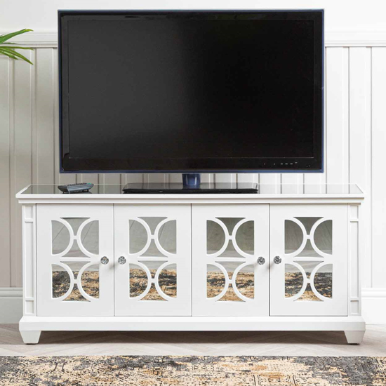 Product photograph of Tyler Mirrored Tv Stand With 4 Doors In Washed White from Furniture in Fashion