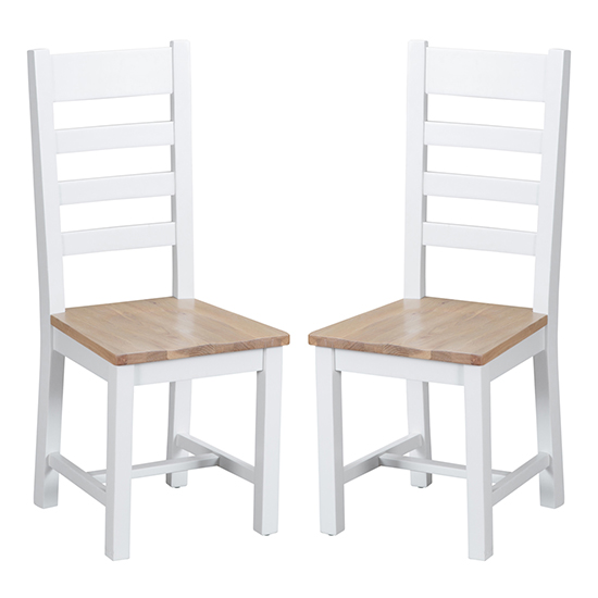 Tyler White Ladder Back Dining Chairs With Wooden Seat In Pair