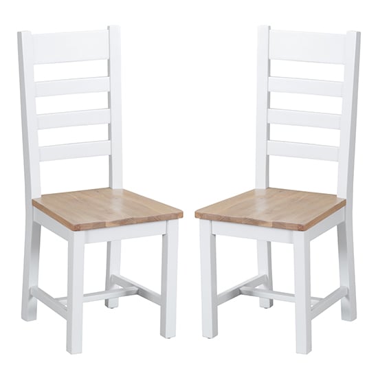 Tyler White Ladder Back Dining Chairs With Wooden Seat In Pair