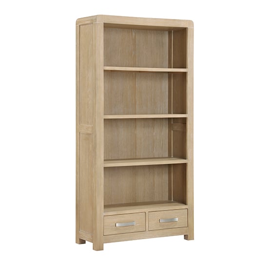 Tyler Wooden High Bookcase With 2 Drawers In Washed Oak