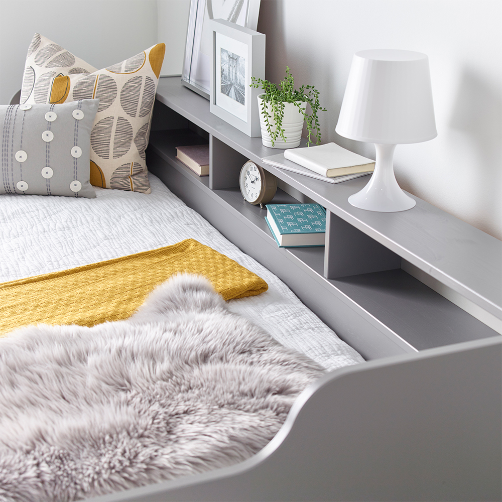 Tyson Wooden Guest Bed With Shelves In Grey