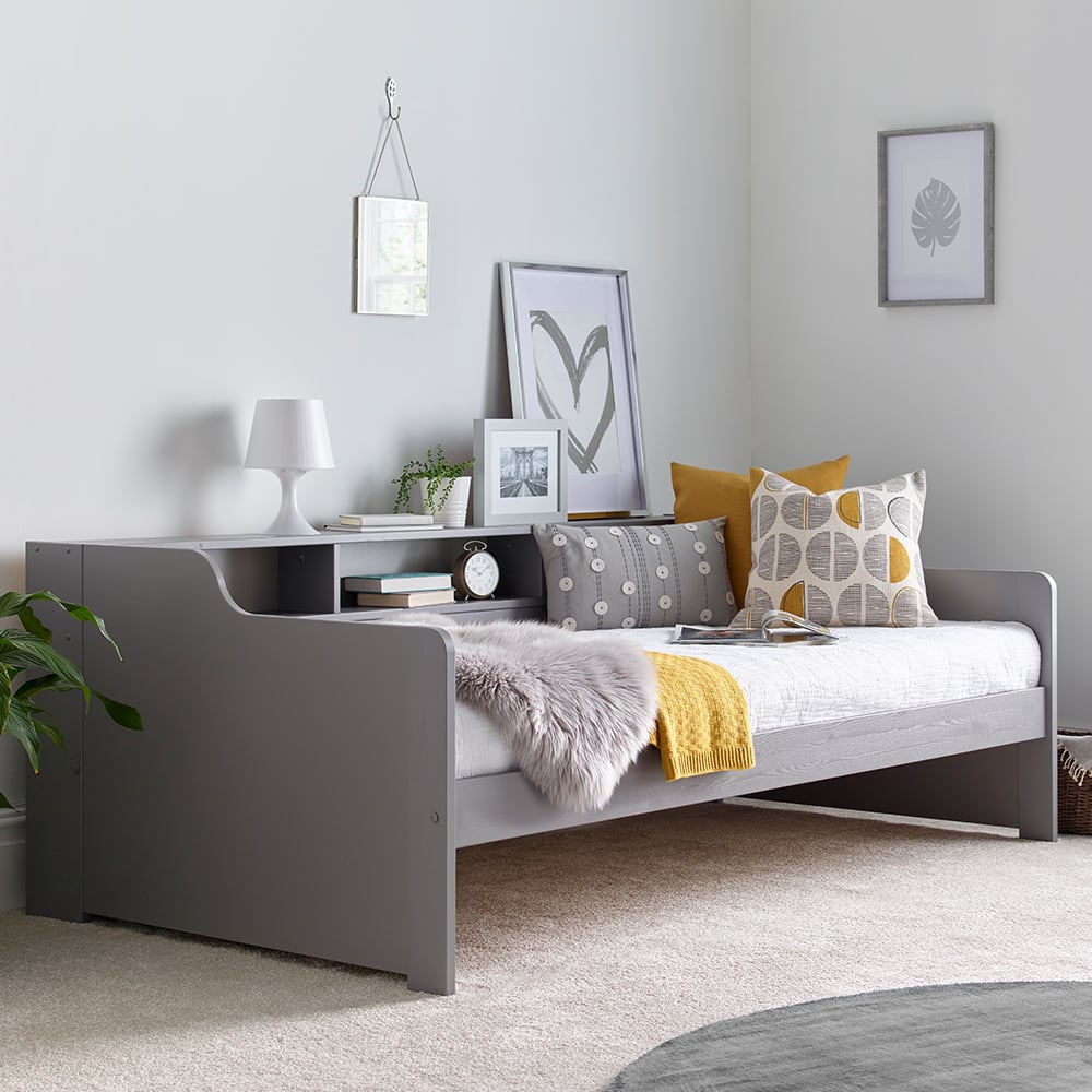 Tyson Wooden Guest Bed With Shelves In Grey
