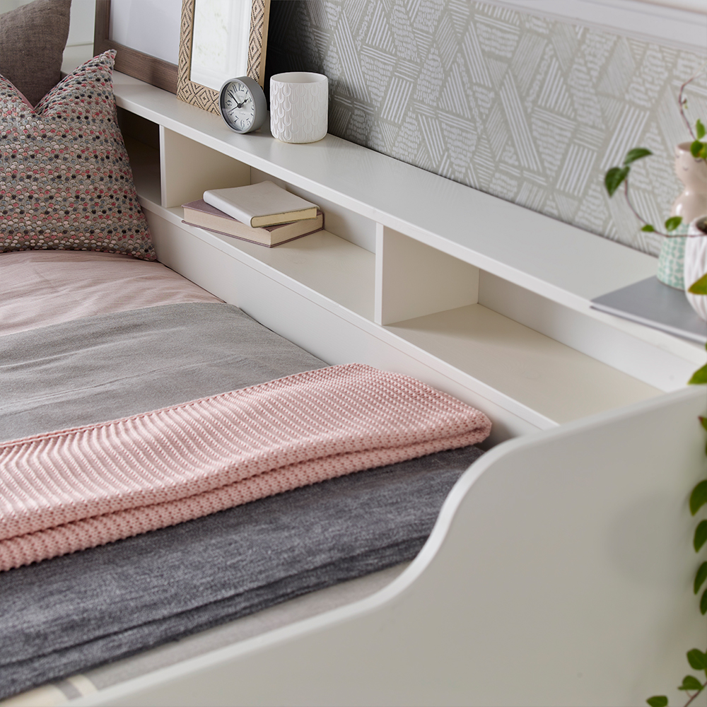 Tyson Wooden Guest Bed With Shelves In White