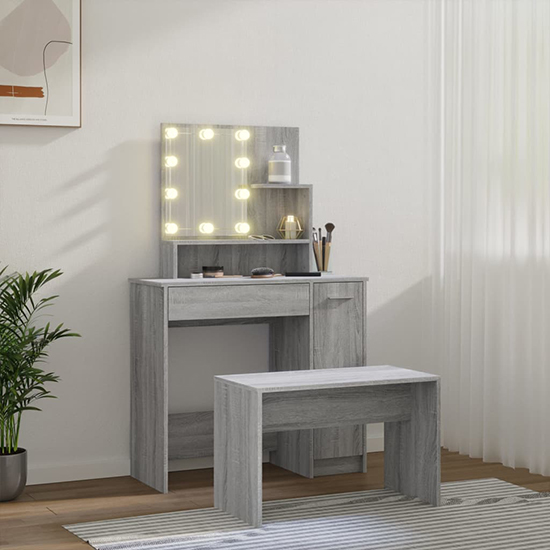 Udell Wooden Dressing Table Set In Grey Sonoma Oak With LED
