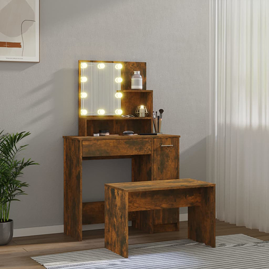 Udell Wooden Dressing Table Set In Smoked Oak With LED Lights