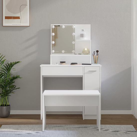 Udell Wooden Dressing Table Set In White With LED Lights