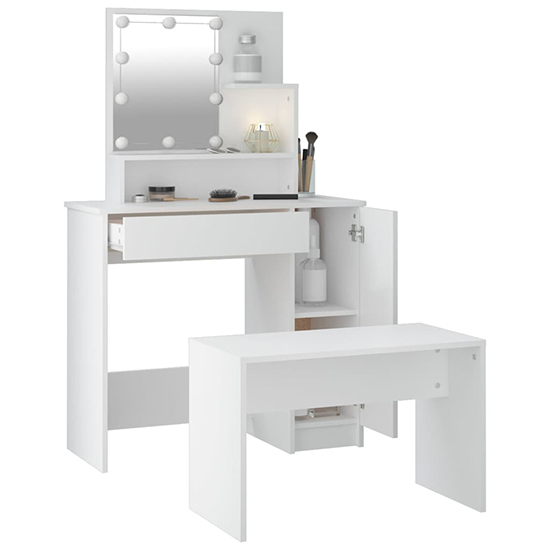 Udell Wooden Dressing Table Set In White With LED Lights