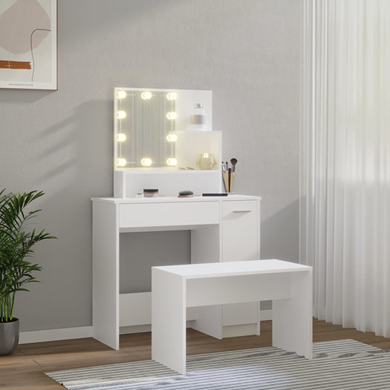 Udell Wooden Dressing Table Set In White With LED Lights