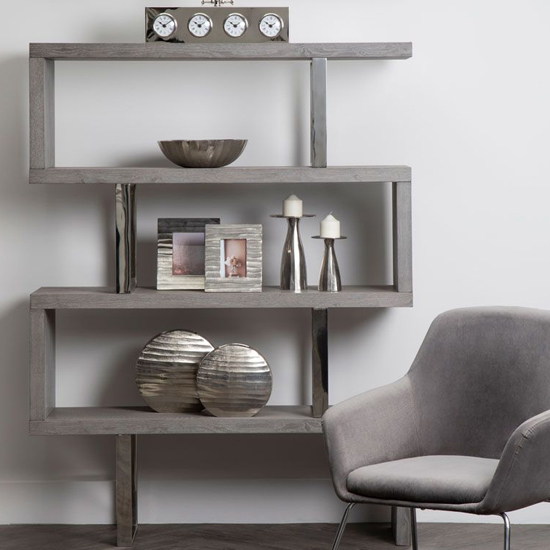Photo of Ulmos wooden shelving unit with steel frame in grey