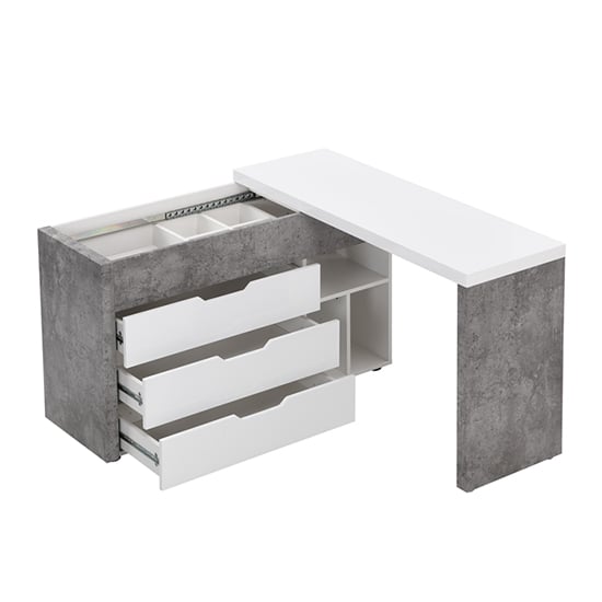 Uma Corner Gloss Storage Computer Desk In White Concrete Effect_8