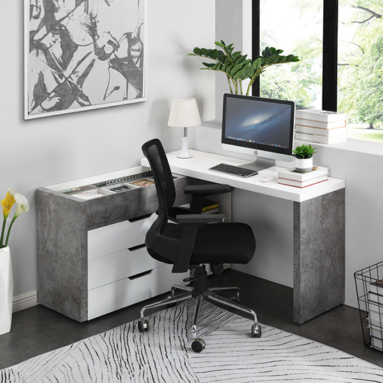 Photo of Uma corner gloss storage computer desk in white concrete effect