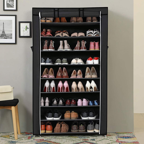 Uncasville 10 Tier Fabric Zipper Shoe Storage Rack In Black FiF