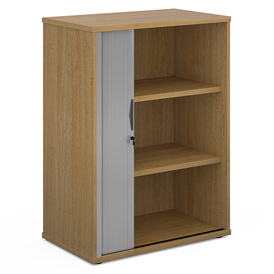 Photo of Upton 1 door tambour storage cabinet in oak with 2 shelves