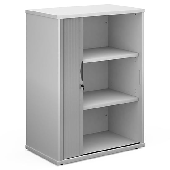 Photo of Upton 1 door tambour storage cabinet in white with 2 shelves