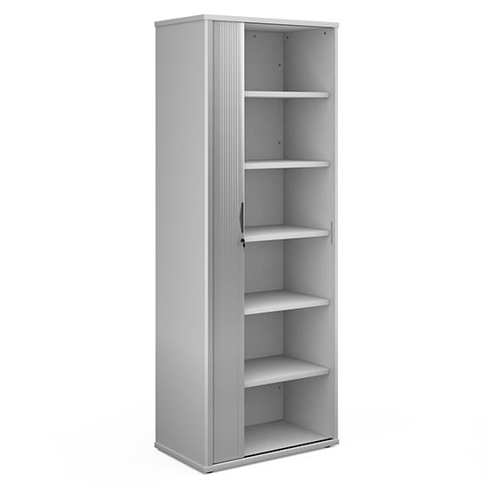 Photo of Upton 1 door tambour storage cabinet in white with 5 shelves