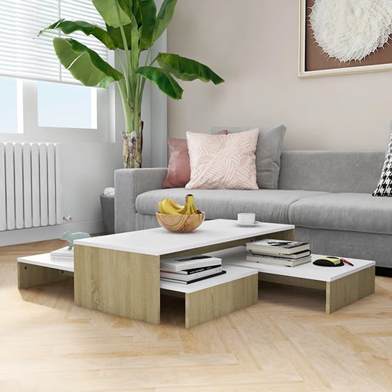 Photo of Urania wooden nesting coffee table set in white and sonoma oak