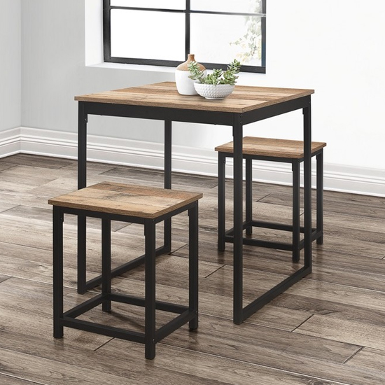 Read more about Urban compact wooden dining table with 2 stools in rustic