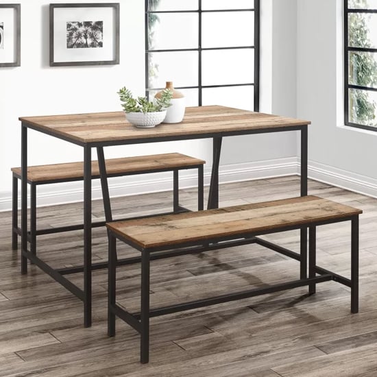 Read more about Urbana wooden dining table with 2 benches in rustic