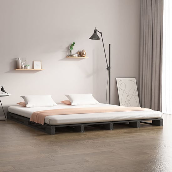 Urika Solid Pine Wood King Size Bed In Grey_1