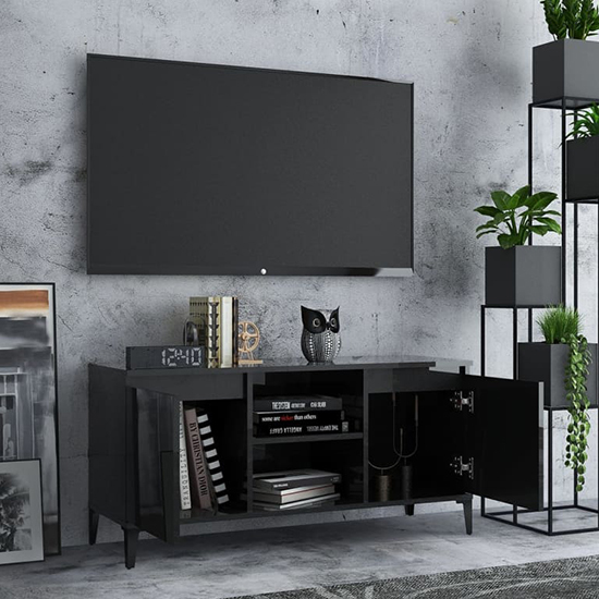 Usra High Gloss TV Stand With 2 Doors And Shelf In Black_2