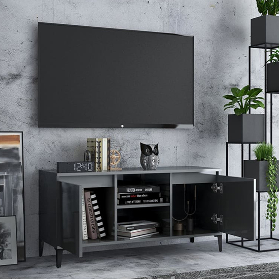 Usra High Gloss TV Stand With 2 Doors And Shelf In Grey_2