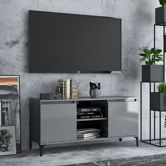 Usra High Gloss TV Stand With 2 Doors And Shelf In Grey_1
