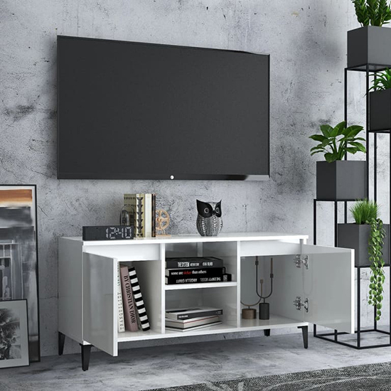 Usra High Gloss TV Stand With 2 Doors And Shelf In White_2