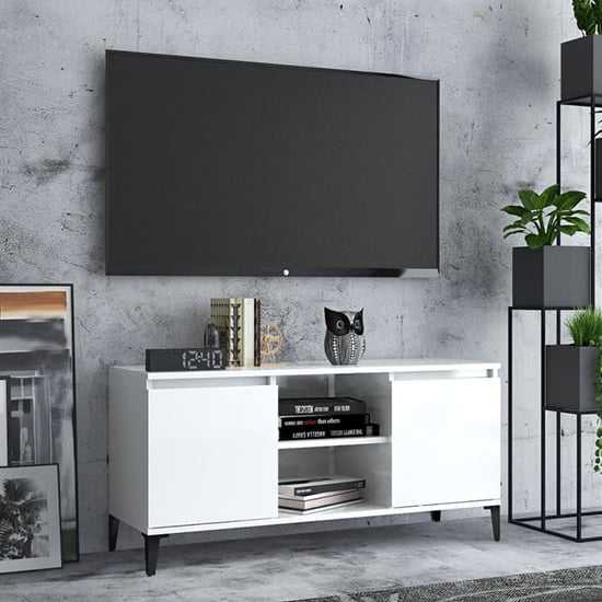 Usra High Gloss TV Stand With 2 Doors And Shelf In White_1