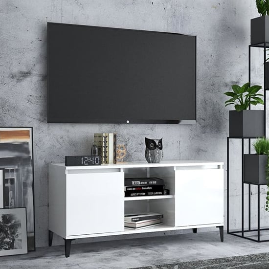 Product photograph of Usra High Gloss Tv Stand With 2 Doors And Shelf In White from Furniture in Fashion