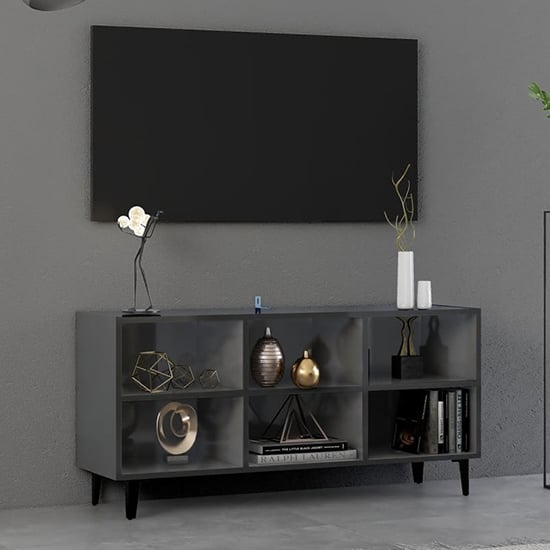 Usra High Gloss TV Stand In Grey With Black Metal Legs_1