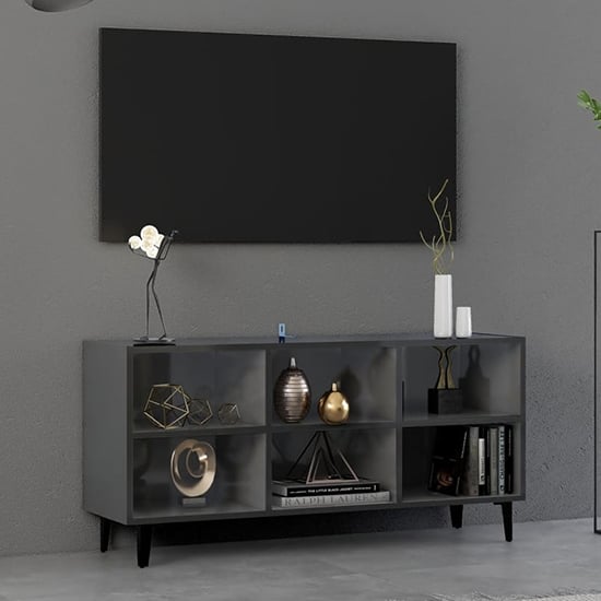 Usra High Gloss TV Stand In Grey With Black Metal Legs